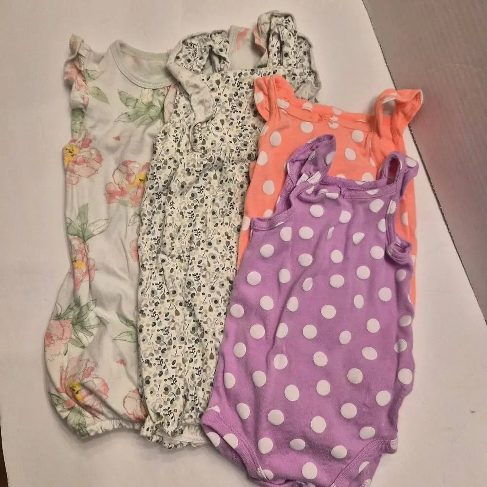 12 month Assorted girls baby Spring Summer outfits: Polka-dot,  Floral, Honeybee
